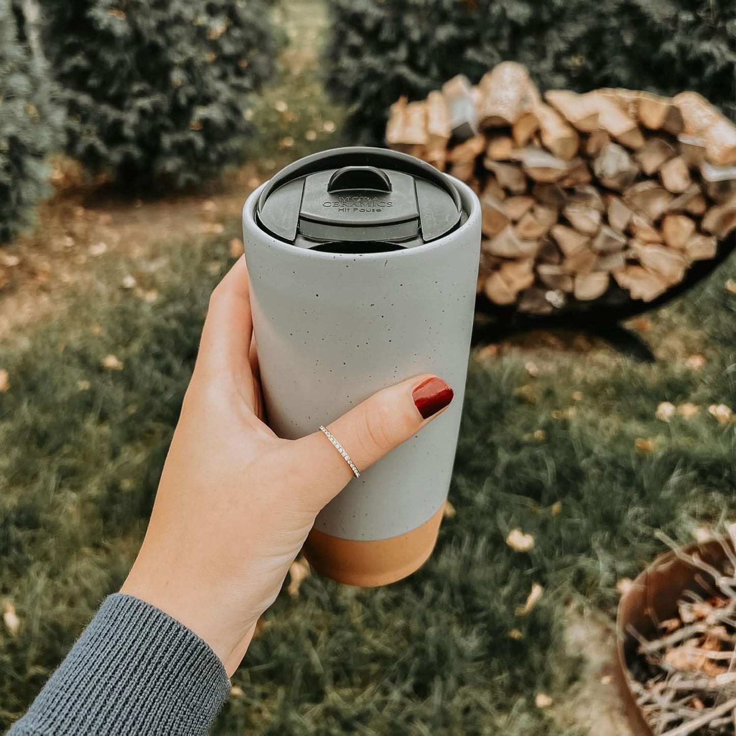 Mora Double Wall Ceramic Coffee Travel Mug with Lid, 14 oz, Portable, Microwave, Dishwasher Safe, Insulated Reusable Tall Cup, Splash Resistant Lid - To Go Tumbler for Car Cup Holder, Nightwaves