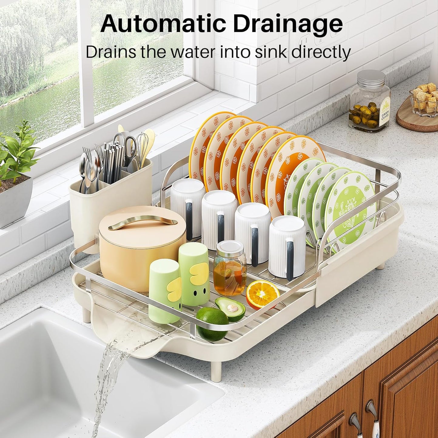 SAYZH Dish Drying Rack - Expandable Dish Rack for Kitchen Counter, Rust-Resistant Dish Drainer with Utensil Holder and Raised Guardrail, Kitchen Organizer for Cup and Bottle (Black)