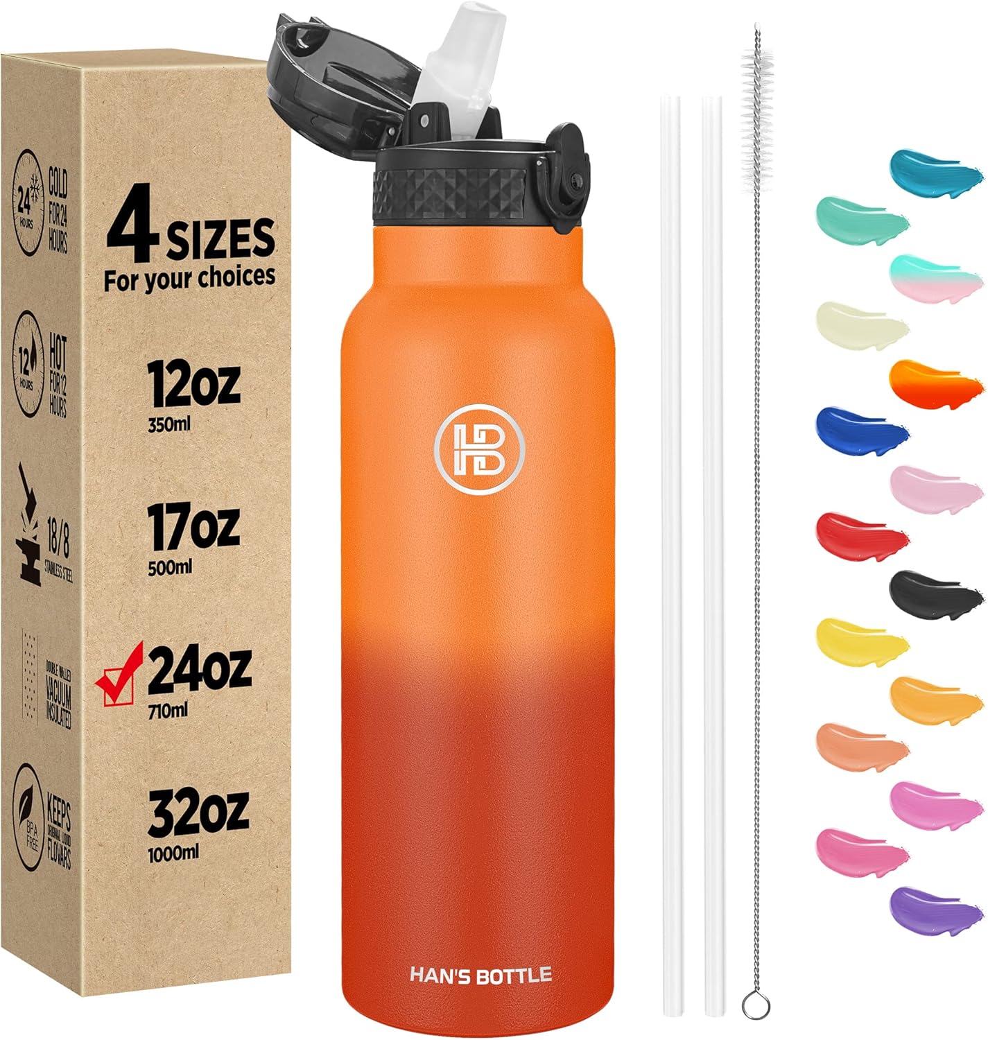 Han's Bottle Sports Water Bottle - 24 Oz, Straw Lid, Leak Proof, Vacuum Insulated Stainless Steel, Double Walled, Thermo Mug,Black