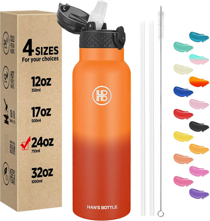 Han's Bottle Sports Water Bottle - 24 Oz, Straw Lid, Leak Proof, Vacuum Insulated Stainless Steel, Double Walled, Thermo Mug,Black