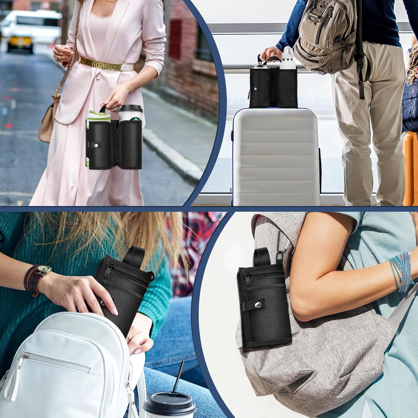 Yotako Suitcase Cup Holder, Portable Luggage Cup Holder for Suitcases, Foldable Travel Cup Holder with Handle and Hold Two Coffee Mugs&3 Zippered Pockets for Beverages Airport Travel Accessories