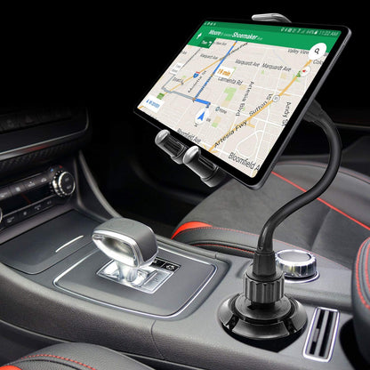 Cellet Cup Holder Tray for Car with Phone Mount – Expandable Base, 360° Rotation Food & Drink Tray with Non-Slip Surface, Adjustable Arm for Eating in Vehicle – Fits Most Standard Car Cup Holders