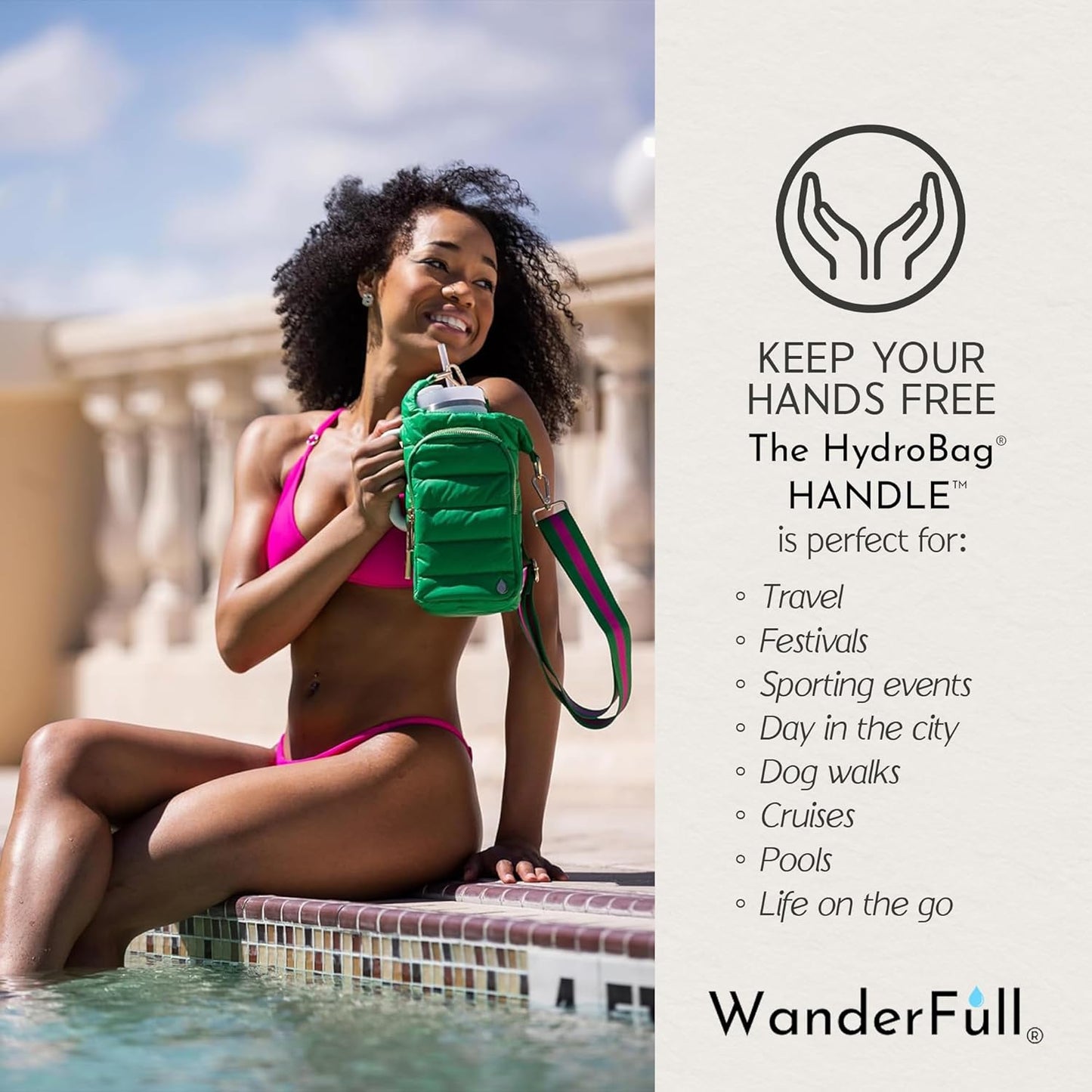 WanderFull Original HydroBag Handle® Zipper Slot for Handle, Hands-Free Crossbody Water Bottle Holder & Tumbler Accessories