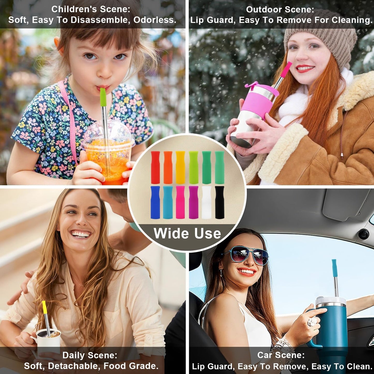 Reusable Stainless Steel Straws Set 6 PCS with 6 Silicone Tips, 2 Straw Brush, 1 Storage Case, Different Sizes of Metal Straws Reusable, Suitable for 14, 20, 30 oz Cups Tumbler, for Hot/Cold Drinks