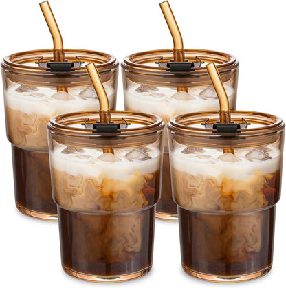 13oz Glass Tumbler with Straw and Lid Sealed, Carry On Reusable Iced Coffee Cups,Thick Wall Glass Coffee Drinking Glassware Cups
