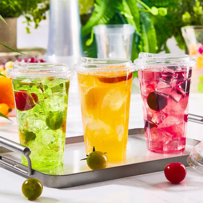 BYSNOW 100 Pack 16 oz Clear Plastic Cups with Lids, Disposable Iced Coffee Cups with Sip Lids, Sturdy Plastic Smoothie Cups for Cold Drinks