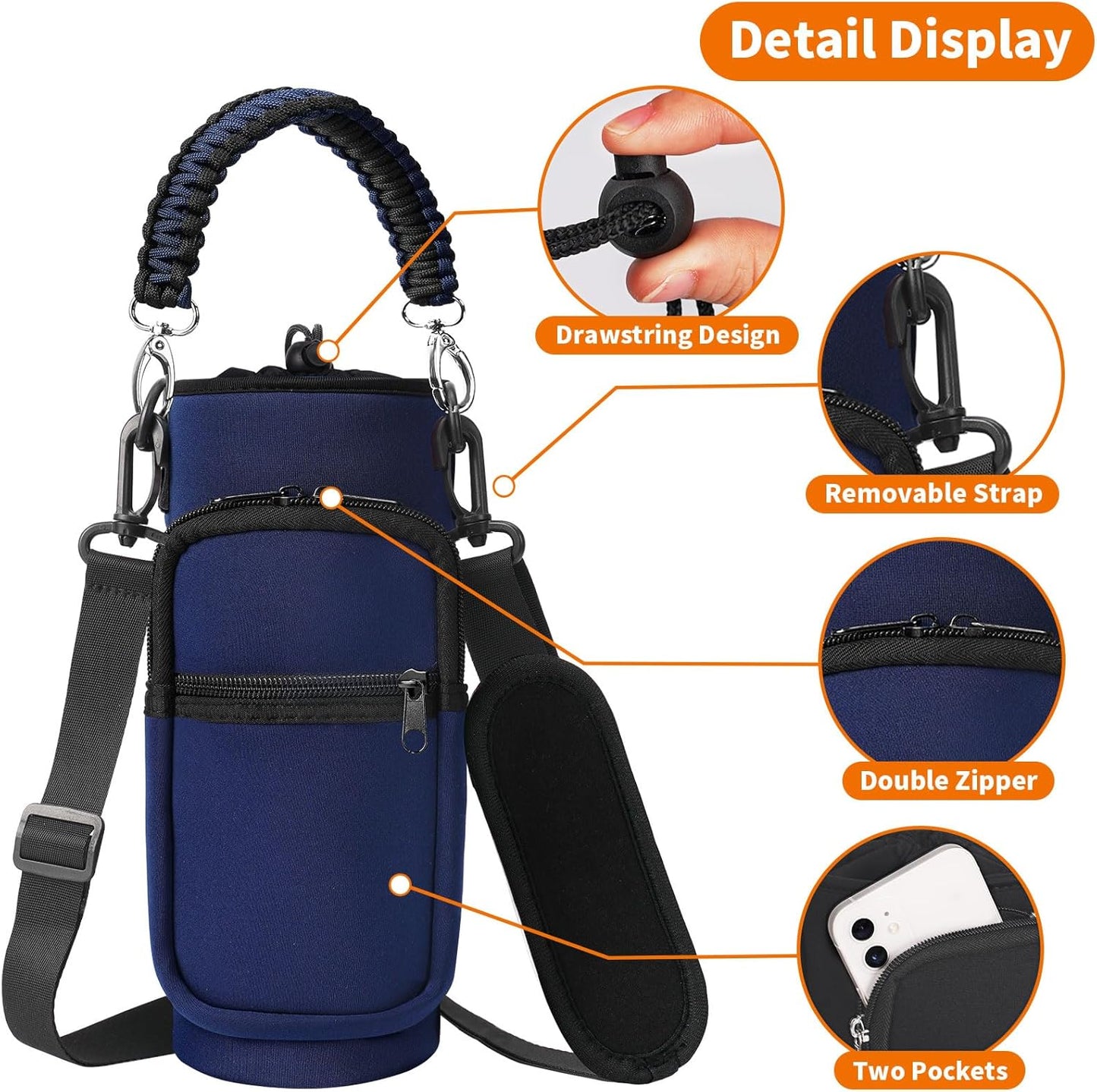 AceTreker 32/40/64/128 oz Neoprene Insulated Water Bottle Carrier Bag, Sling Bag Sleeve Pouch Holder with Strap & Paracord Handle and 2 Pocket for Travelling, Hiking, Camping