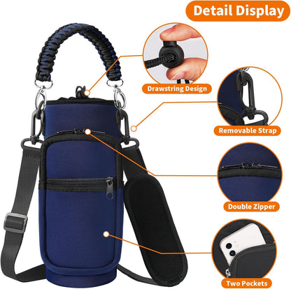 AceTreker 32/40/64/128 oz Neoprene Insulated Water Bottle Carrier Bag, Sling Bag Sleeve Pouch Holder with Strap & Paracord Handle and 2 Pocket for Travelling, Hiking, Camping