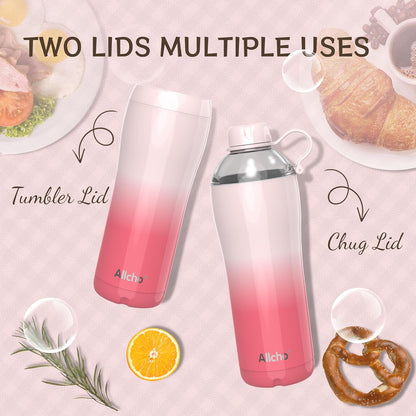 Allcho Insulated Water Bottle for Women, 18oz Stainless Steel Leak Proof Tumbler with 2 Lids, BPA-Free Tritan Chug & Straw Lid, Double Wall Vacuum Flask