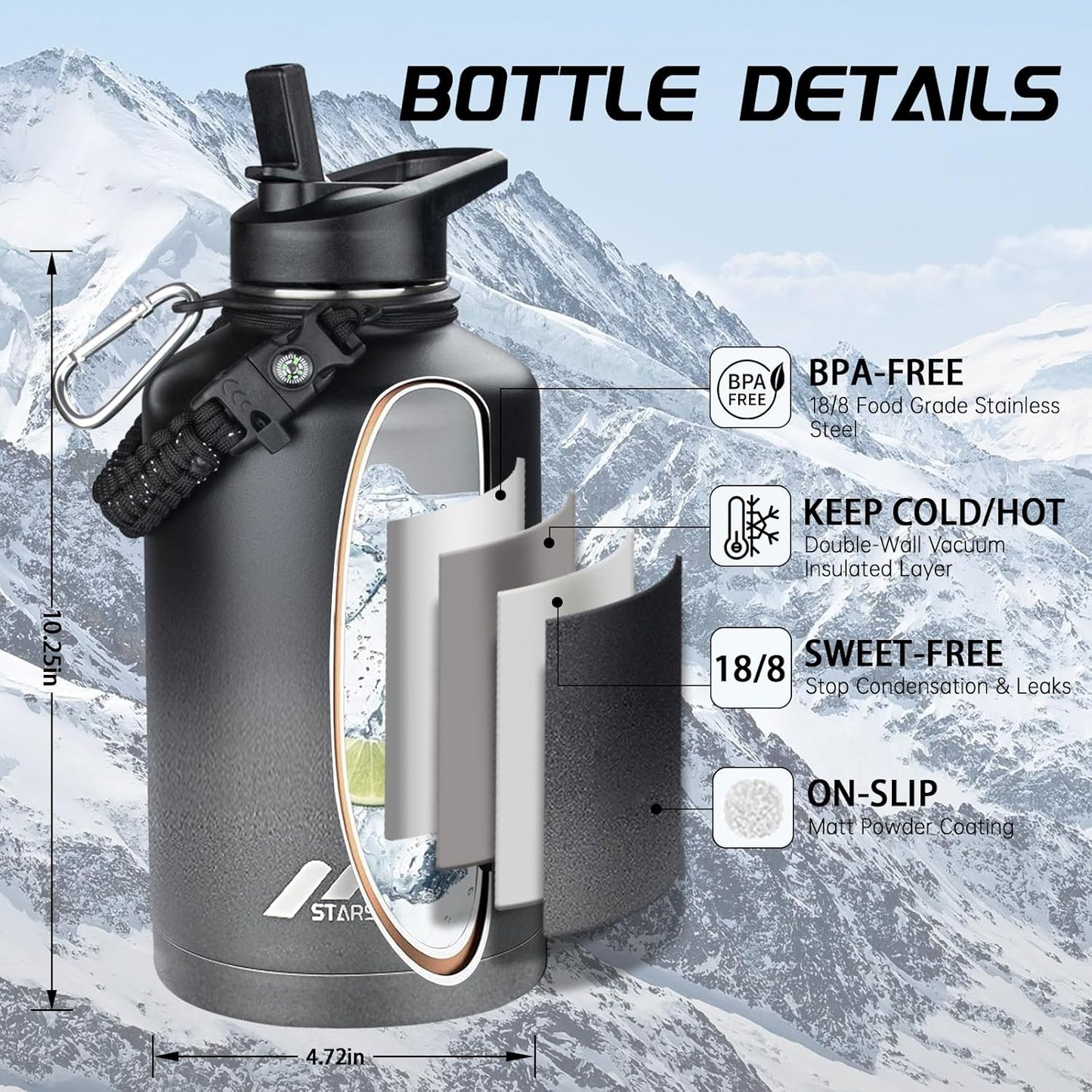 StarSpeed 32oz Insulated Water Bottle with Straw Lid, Stainless Steel Double Walled Vacuum Water Flask, Wide Mouth Sports Water Bottle for Gym Camping Hiking, Indigo Black