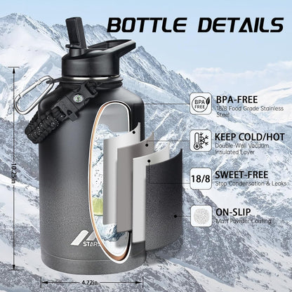 StarSpeed 32oz Insulated Water Bottle with Straw Lid, Stainless Steel Double Walled Vacuum Water Flask, Wide Mouth Sports Water Bottle for Gym Camping Hiking, Indigo Black