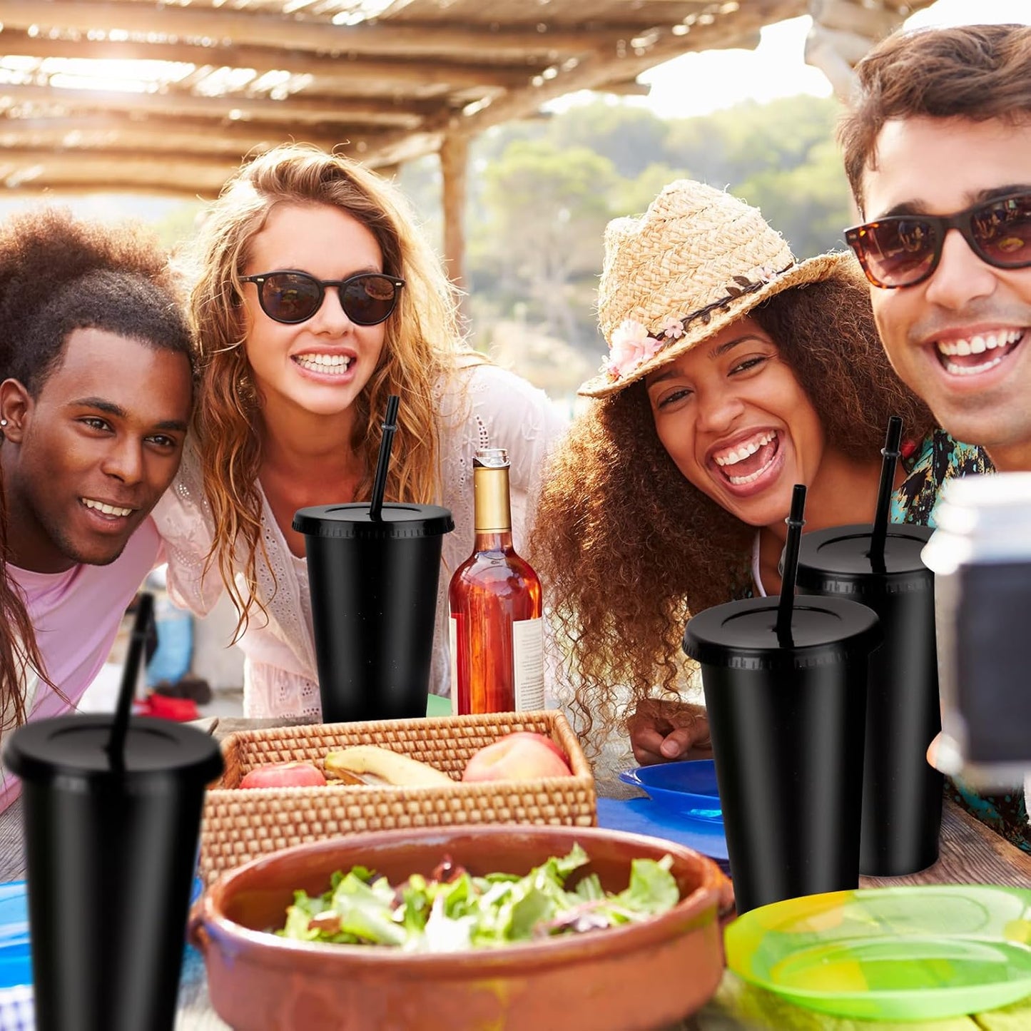 Hxezoc 16-Piece Reusable Cups with Lids and Straws, 24 oz Glitter Plastic Tumbler Iced Coffee Cups Travel Mug Cup for Smoothie Juices Beach or Bachelor Party (Black)