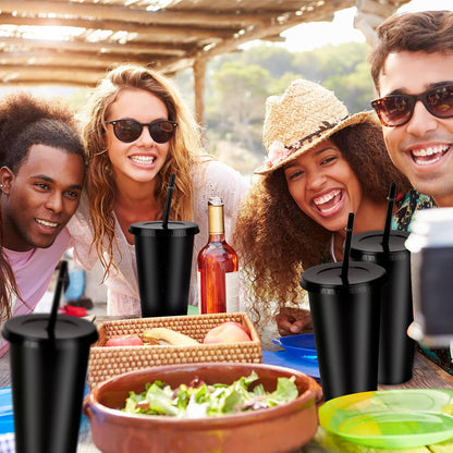 Hxezoc 16-Piece Reusable Cups with Lids and Straws, 24 oz Glitter Plastic Tumbler Iced Coffee Cups Travel Mug Cup for Smoothie Juices Beach or Bachelor Party (Black)