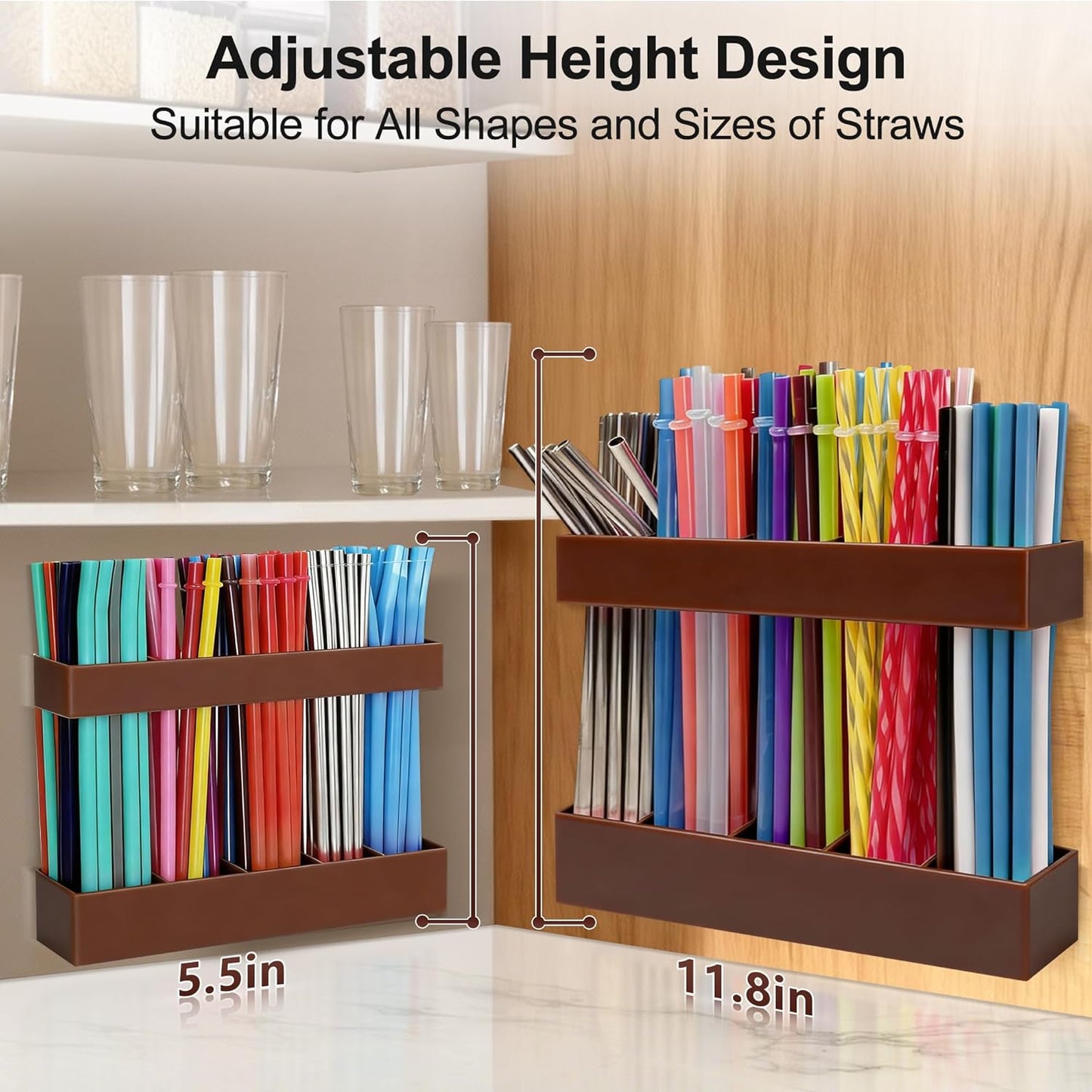 9.5” Large Acrylic Straw Holder for Cabinet Door, Reusable Adjustable Two-Part Straws Organizer with Ultra Sticky Adhesive Strips, 2026 Straw Storage for Kitchen Cupboard (Transparent)