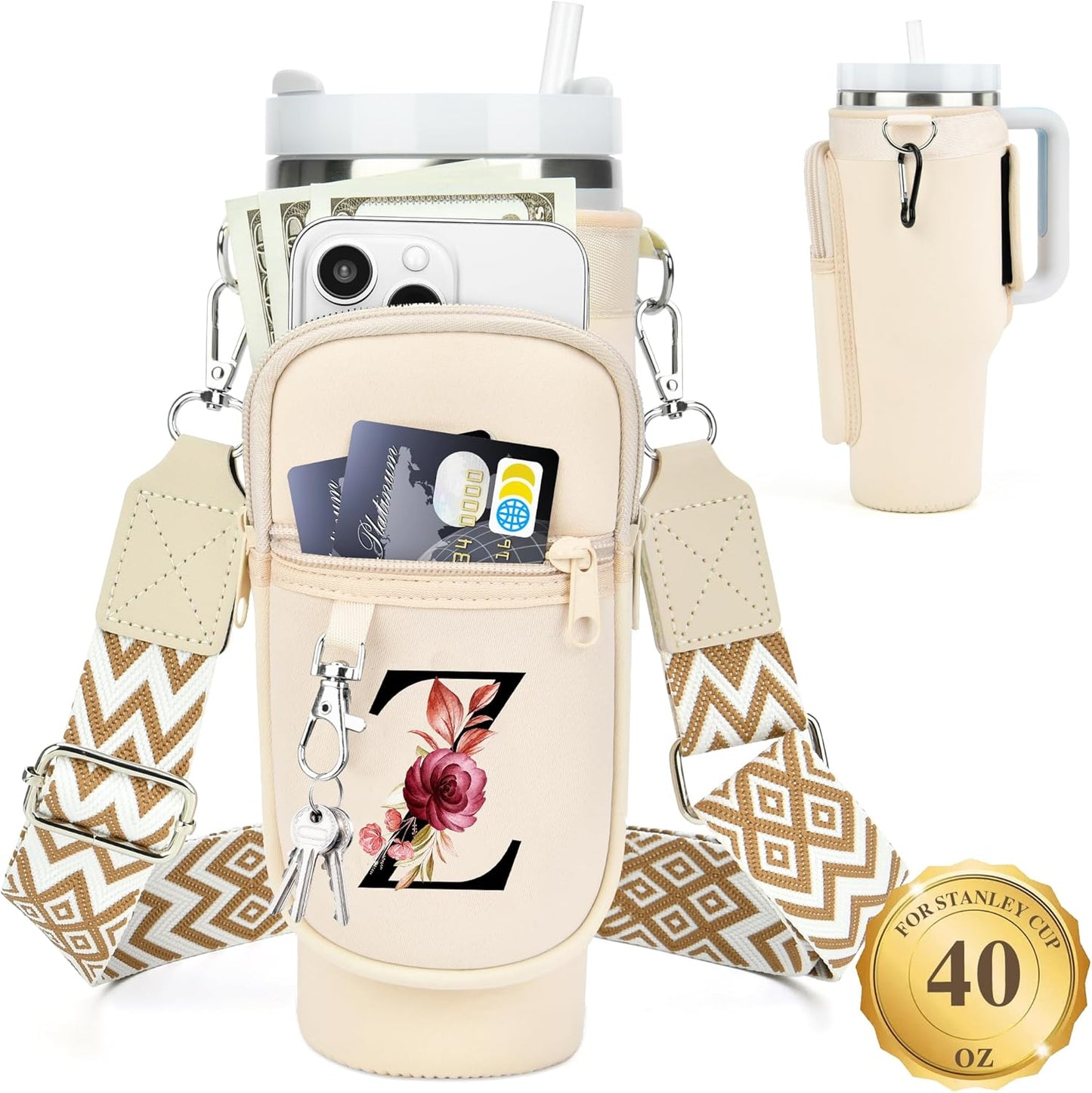LOKASS Personalized Water Bottle Holder with Strap for Stanley Cup Accessories 40 oz, Initial for Stanley Cup Holder Carrier Bag with Phone Pocket, Stylish Tumbler Accessories for Daily Use Hands-Free
