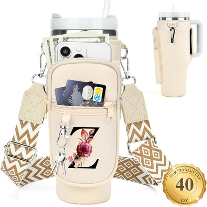 LOKASS Personalized Water Bottle Holder with Strap for Stanley Cup Accessories 40 oz, Initial for Stanley Cup Holder Carrier Bag with Phone Pocket, Stylish Tumbler Accessories for Daily Use Hands-Free