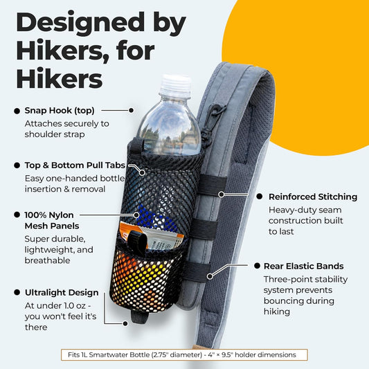Water Bottle & Snack Holder for Backpack Shoulder Strap - Fits 1L Smartwater, Front Accessory Pouch, Ultralight 0.9 oz, Snap Hook Mount, Nylon Mesh Backpack Attachment