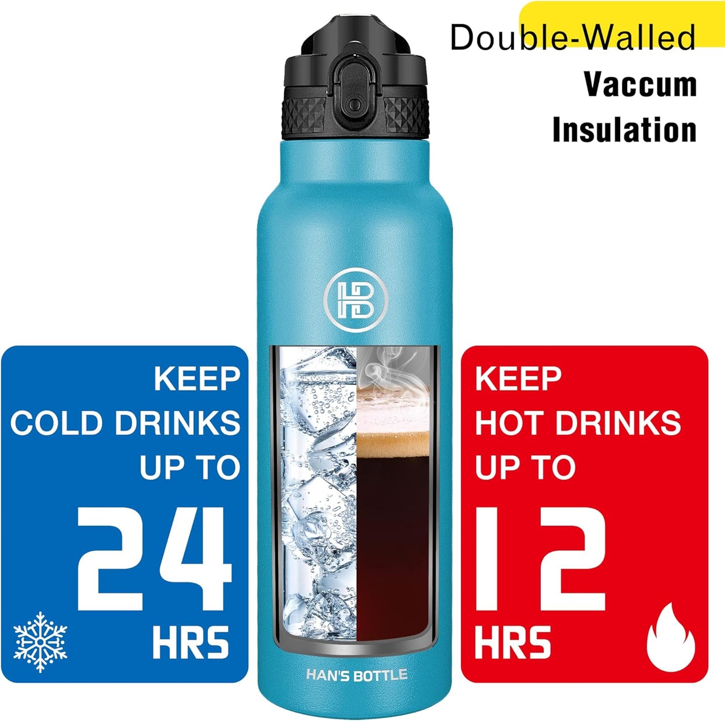 Han's Bottle Sports Water Bottle - 24 Oz, Straw Lid, Leak Proof, Vacuum Insulated Stainless Steel, Double Walled, Thermo Mug,Black