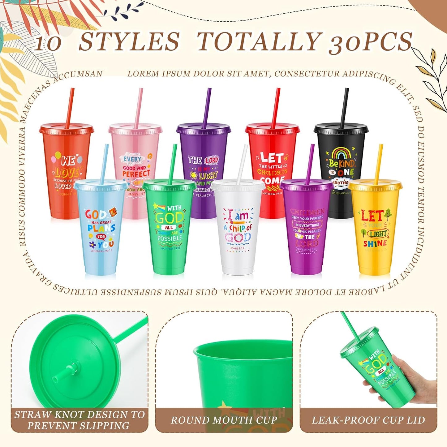 Uiifan 10 Pcs Christian Tumblers with Straws for Kids, Bible Verse Cups for VBS, Sunday School, Church Party Favors and Faith Gifts, Reusable Plastic Tumblers with Lids, 24 oz, White