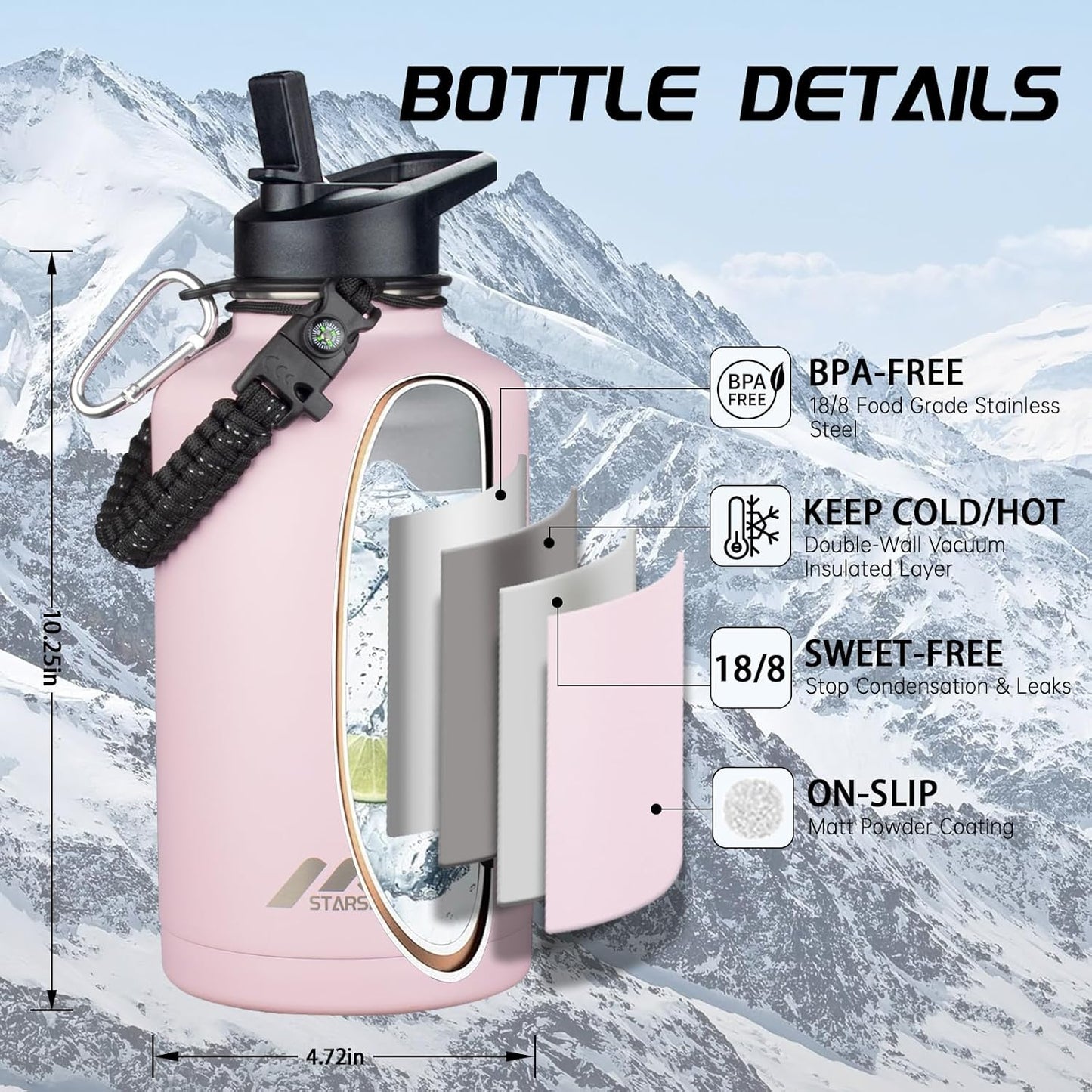 StarSpeed 32oz Insulated Water Bottle with Straw Lid, Stainless Steel Double Walled Vacuum Water Flask, Wide Mouth Sports Water Bottle for Gym Camping Hiking, Indigo Black