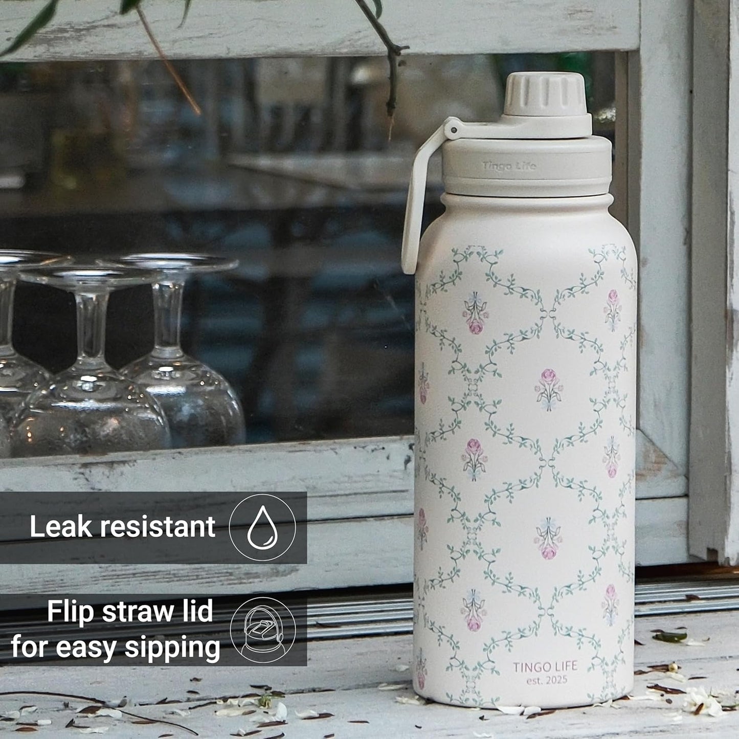 25oz Insulated Stainless Steel Aesthetic Cute Water Bottle - 2 Lids Included (Straw + Sport Handle), Leakproof BPA-Free, Dreamy Cream Cute Floral Design, Perfect Gym/Yoga/Office Companion