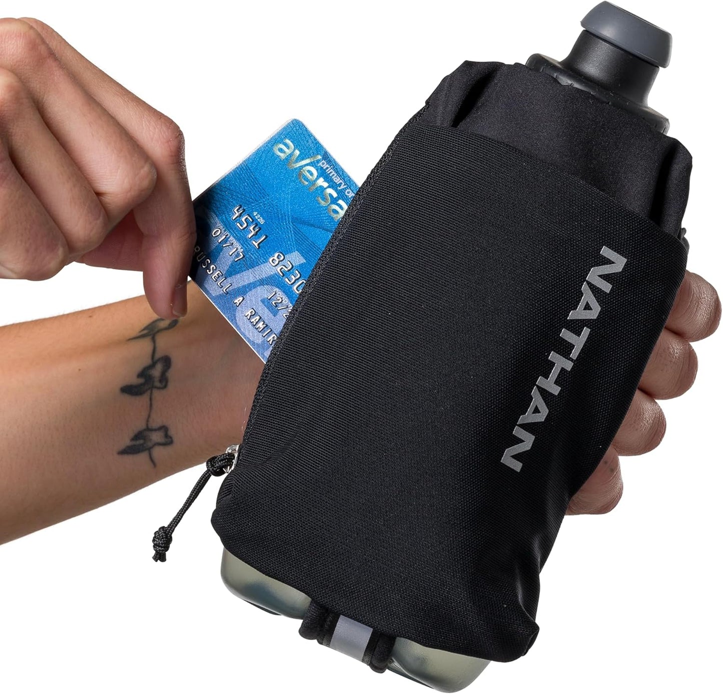 Nathan SpeedDraw 2 Insulated Handheld Running Water Bottle Flask 18oz – Double-Wall Insulation, Ergonomic Grip, Blast Valve Cap, Phone & Key Storage Pockets, Reflective Design