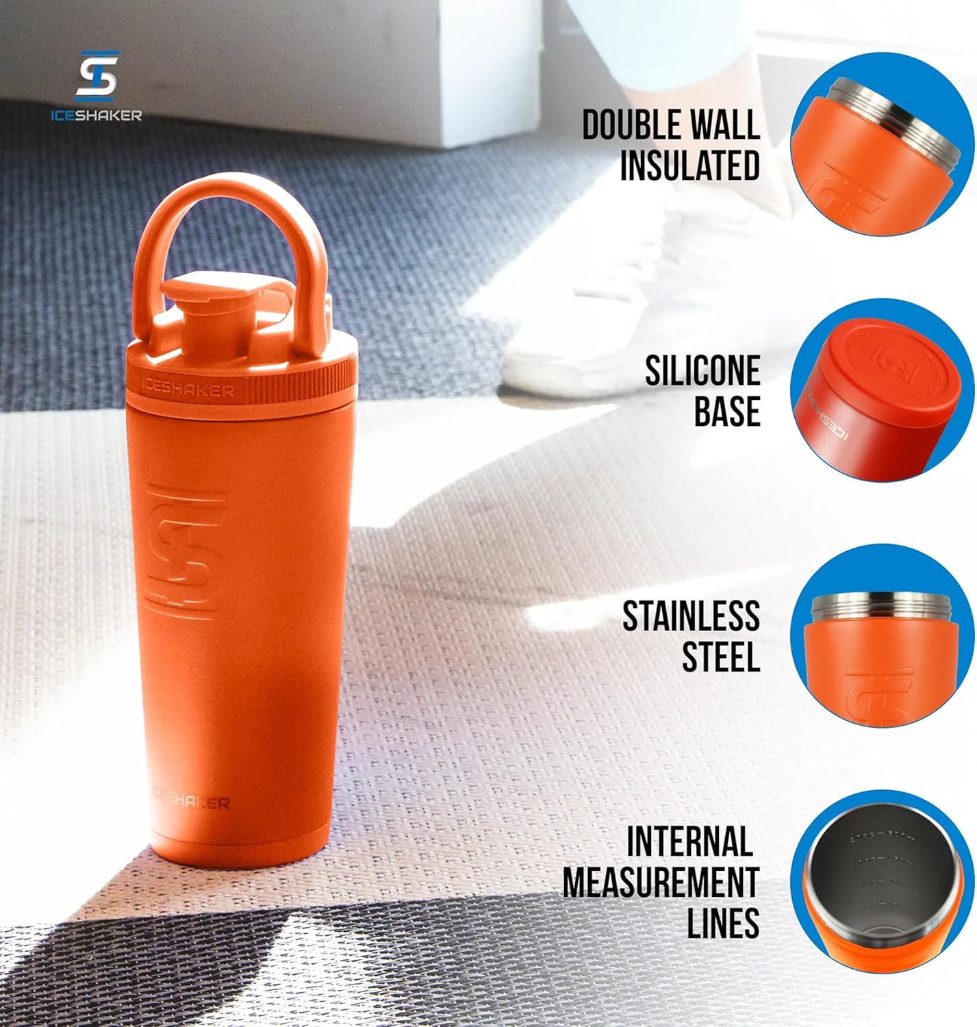 Ice Shaker Insulated Stainless Steel Shaker Bottle | 26oz, Black | Cold for 30+ Hours | Insulated Cup with Twist-on Agitator | Odor-Free Bottle for Protein Shakes, Water, Smoothies, Cocktails