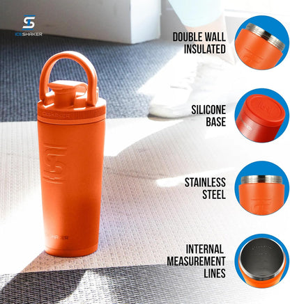 Ice Shaker Insulated Stainless Steel Shaker Bottle | 26oz, Black | Cold for 30+ Hours | Insulated Cup with Twist-on Agitator | Odor-Free Bottle for Protein Shakes, Water, Smoothies, Cocktails