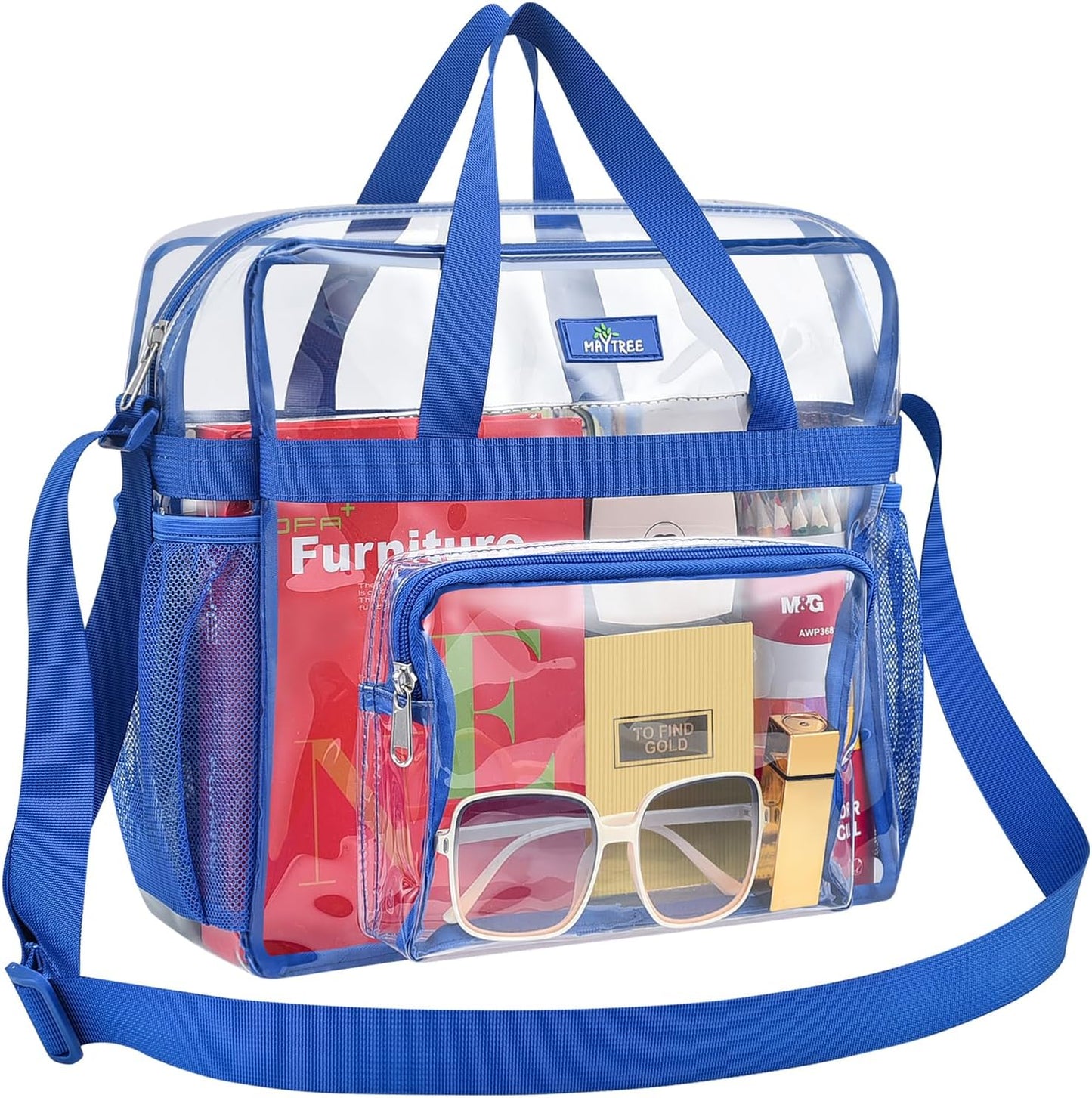 MAY TREE Clear Bag for Stadium Events, 12×5.5×12 Clear Tote Lunch Bag with Non-detachable Reinforced Straps for Work, Sporting Events and Gym, Black