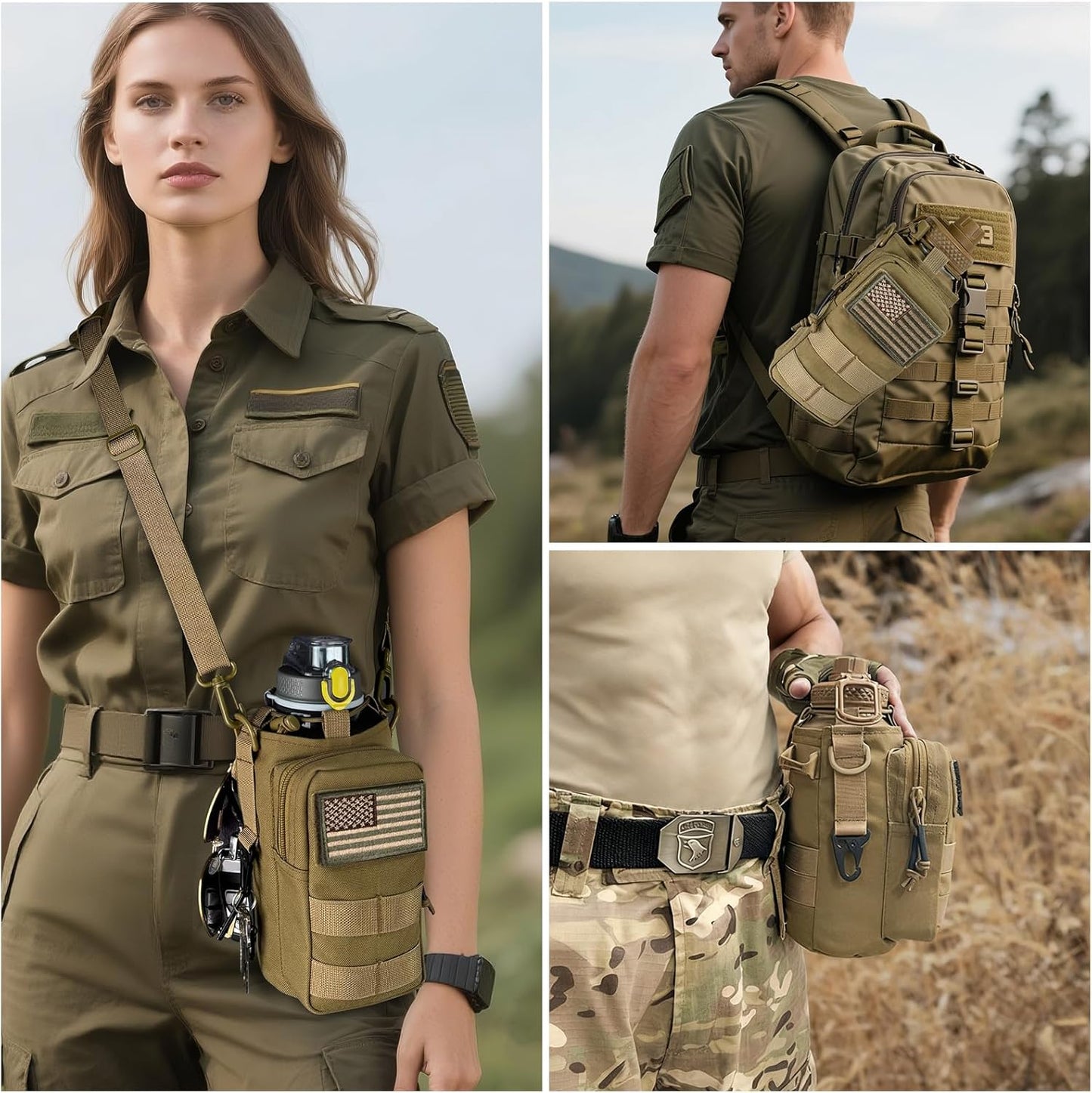 Water Bottle Holder with Strap - Tactical Insulated Water Bottle Sleeve with MOLLE System Water Bottle Cover Cross-Body Pouch for Walking Hiking Camping Gym 32oz&40oz