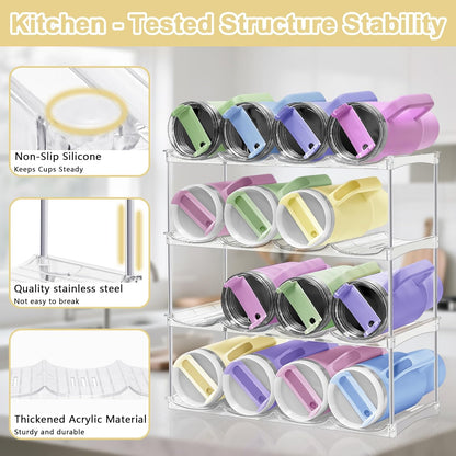 Stackable Water Bottle Organizer for Cabinet - Acrylic Tumbler Organizer Storage Rack for Stanley 40oz, Stanley Cup Holder, Pantry Kitchen Organizers and Storage for Stanley Cup, Holds 12 Bottles