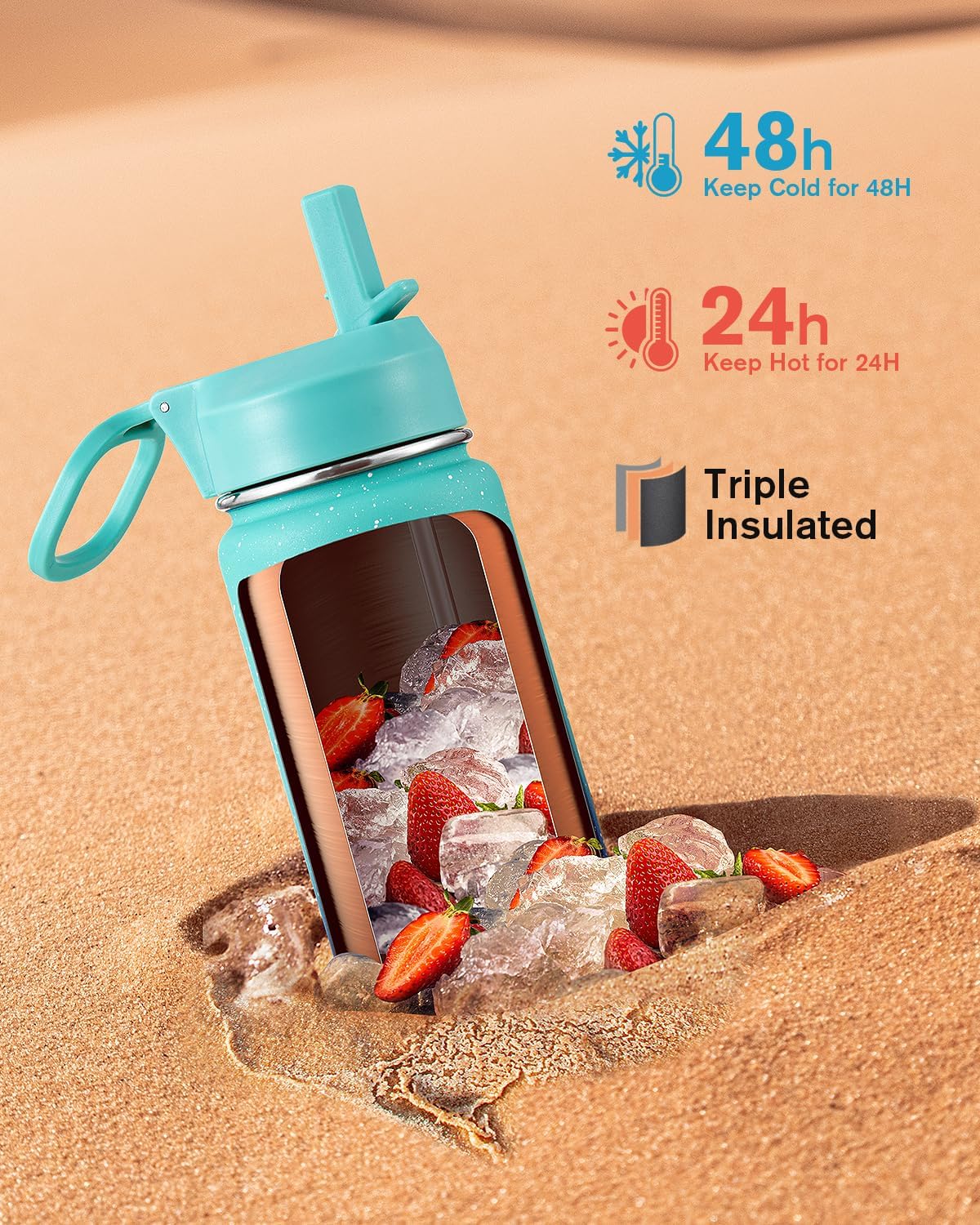 Half Gallon Water Bottle Insulated with Straw & 3 Lids, Coolflask 64 oz Water Jug Large Metal Stainless Steel Wide Mouth for Sports, Gym or Office, Non-BPA Keep Cold 48H Hot 24H, Samurai Cyan