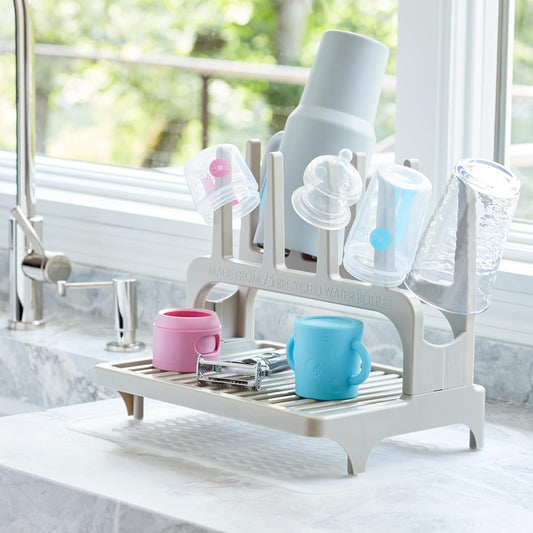 PopYum Seattle Gray Space Saving Drying Rack Made from 100% Recycled Bottles with Clear Frosted Silicone Drying Mat, Countertop for Baby Bottle, Plastic Bags, Cups, Glass, Tumblers, Compact