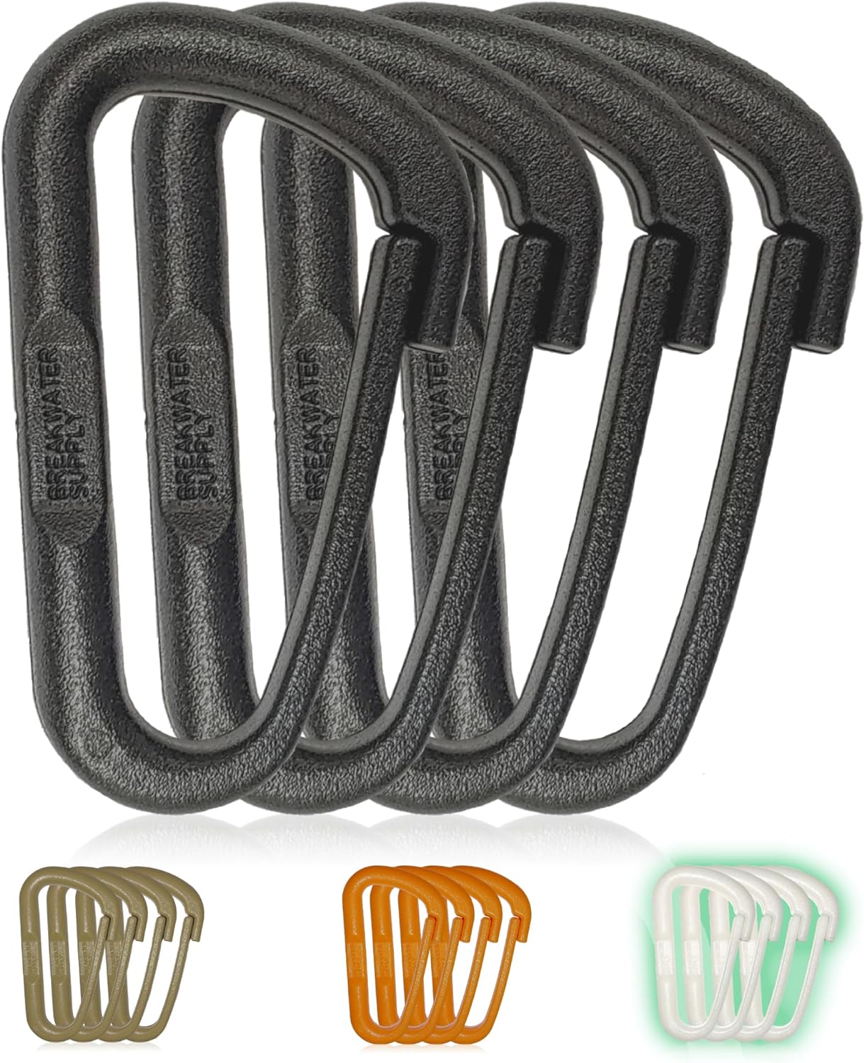 Breakwater Supply™ Hingeless Carabiner Hooks 4 Pack, Small 2-inch Gear Attachment Clips for Backpack, Keys, Keychain, Water Bottle, MOLLE + Ultralight, Tactical, D-Ring, Non-Corrosive, D-Shape