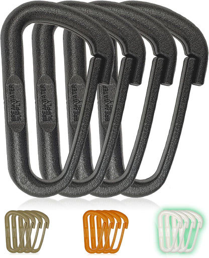 Breakwater Supply™ Hingeless Carabiner Hooks 4 Pack, Small 2-inch Gear Attachment Clips for Backpack, Keys, Keychain, Water Bottle, MOLLE + Ultralight, Tactical, D-Ring, Non-Corrosive, D-Shape