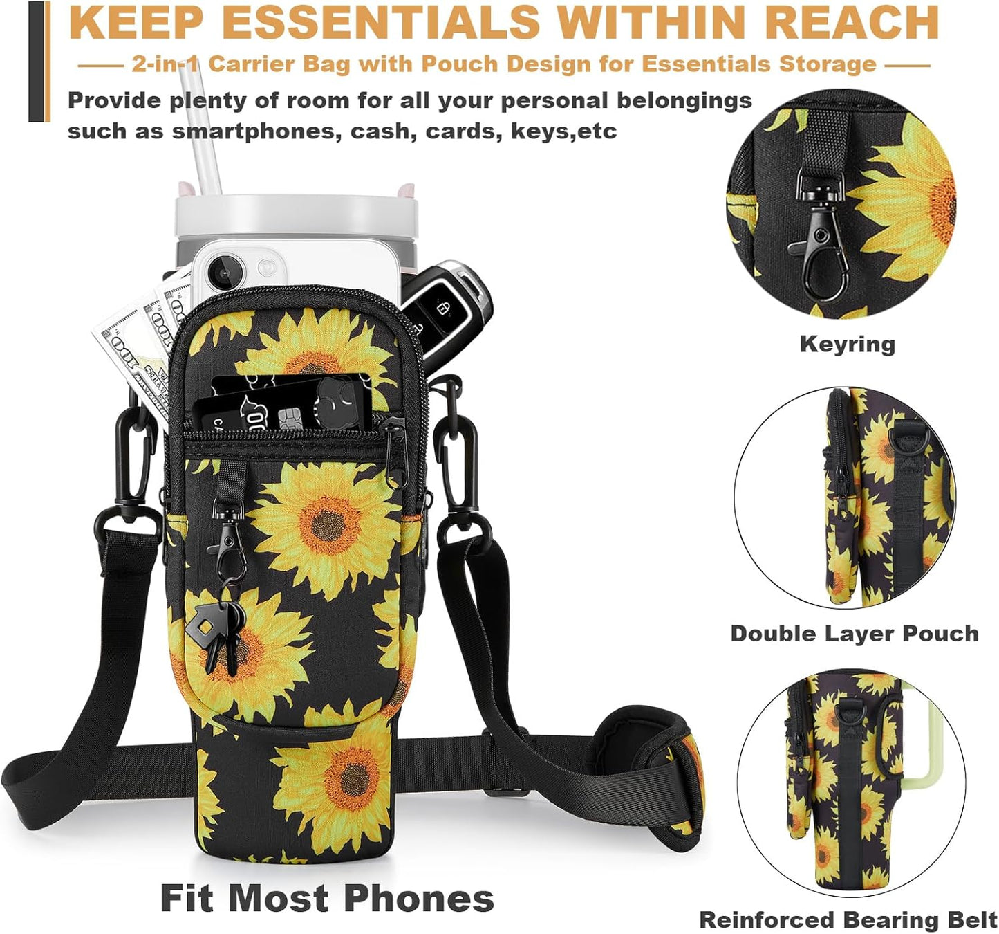BULKITEM Water Bottle Carrier Bag with Phone Pocket for Stanley 40 & 30 oz Tumbler with Handle,Pink Insulated Neoprene Cup Holder Pouch w/Adjustable Strap for Quencher H2.0 Stanley Cup Accessories