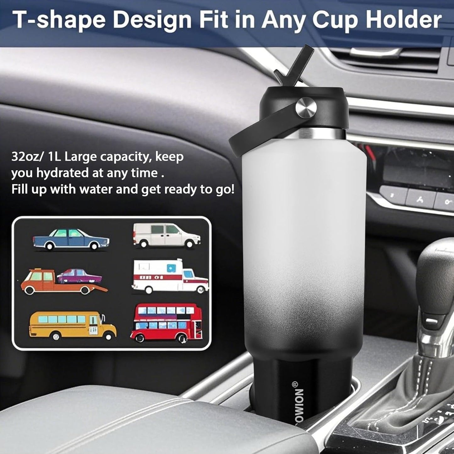 HYDROWION 32oz Stainless Steel Water Bottle(Cold for 48 Hrs, Hot for 24 Hrs),Double Wall Vacuum Insulated Water Bottle with Straw Lid, Spout Lid and Flex Cap, Fit in Any Car Cup Holder,Black