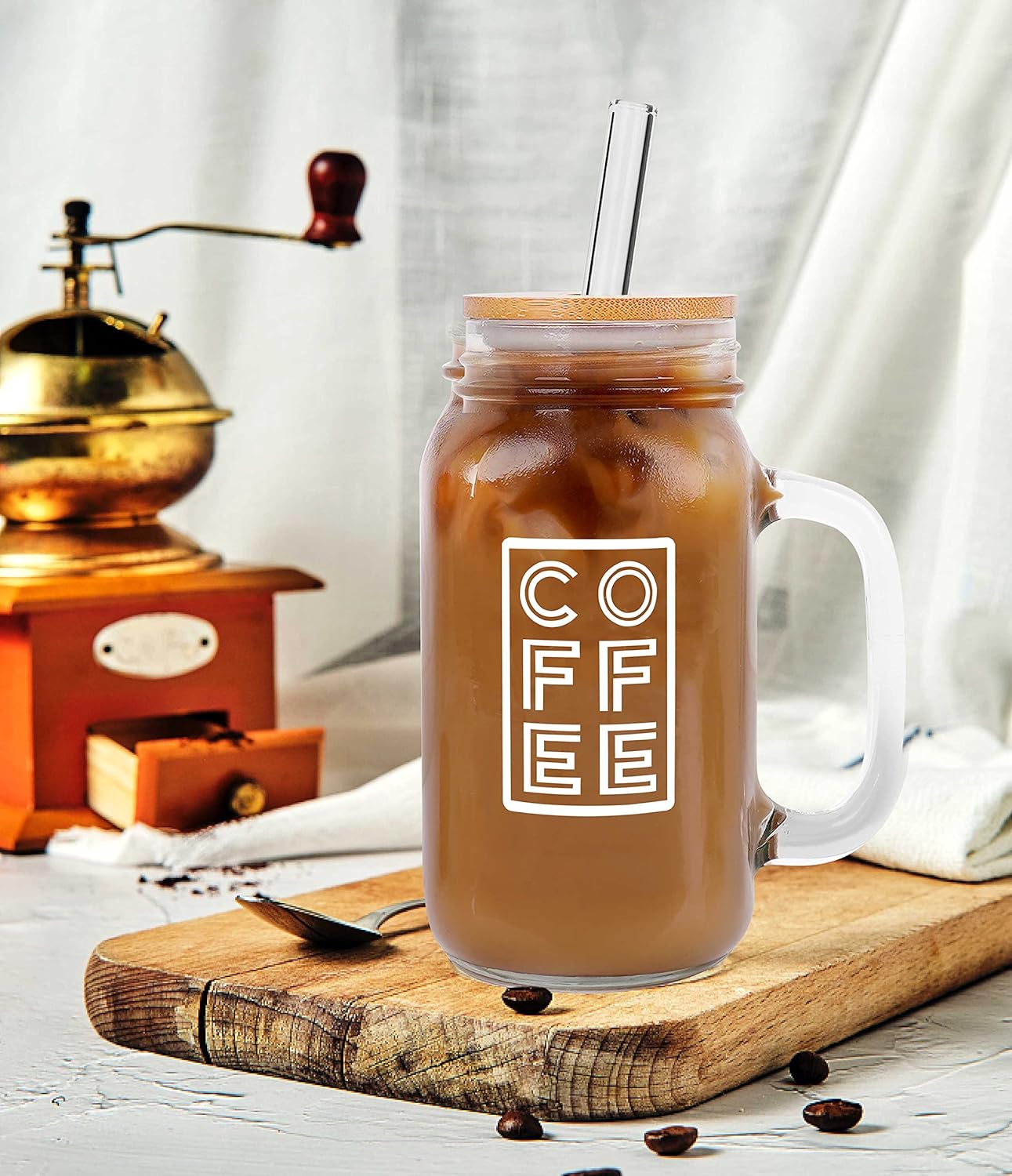 ANOTION Mason Jar Iced Coffee Cup with Lid and Straw, 24oz Regular Mouth Mason Jars with Handle Glass Coffee Drinking Glasses Tumbler Reusable Cups Bottles for Iced Coffee Cups for Travel Office Home