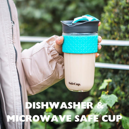 Travel Mug Loose Tea Infuser - Detachable Tea Strainer with Spillproof Lid - BPA-Free Reusable Glass Travel Coffee Cup with Silicone Band (Ice Cream, 12oz)