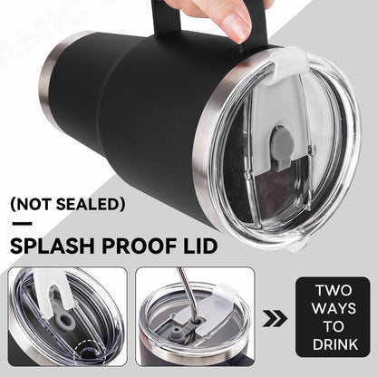 30 oz Tumbler With Handle, Double Wall Stainless Steel Vacuum Insulated Travel Mug with Splash-Proof Lid Metal Straw and Brush (Cream)