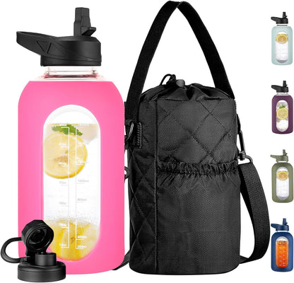 CIVAGO 32 oz Glass Water Bottle with Straw and Insulated Bottle Holder Sling, Motivational Water jug with Time Marker and Silicone Sleeve, Large Sport Water Flask with 2 Lids, Black