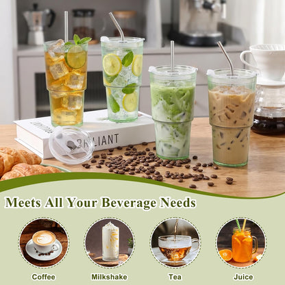 4 Pcs 20oz Plastic Ribbed Tumblers with Lid and Straws Blue Plastic Reusable Iced Coffee Cups with Lid Unbreakable Vintage Ribbed Drinking Glasses Tumbler for Juice Smoothie Beverage with Clean Brush