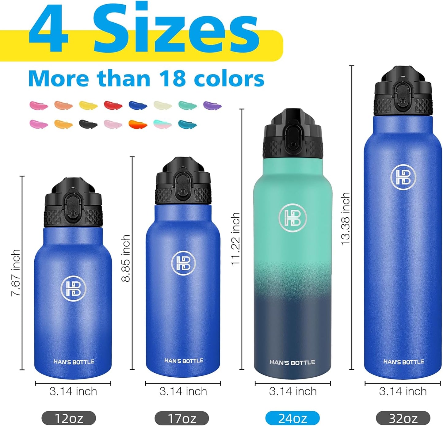 Han's Bottle Sports Water Bottle - 24 Oz, Straw Lid, Leak Proof, Vacuum Insulated Stainless Steel, Double Walled, Thermo Mug,Black