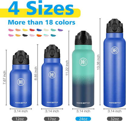 Han's Bottle Sports Water Bottle - 24 Oz, Straw Lid, Leak Proof, Vacuum Insulated Stainless Steel, Double Walled, Thermo Mug,Black