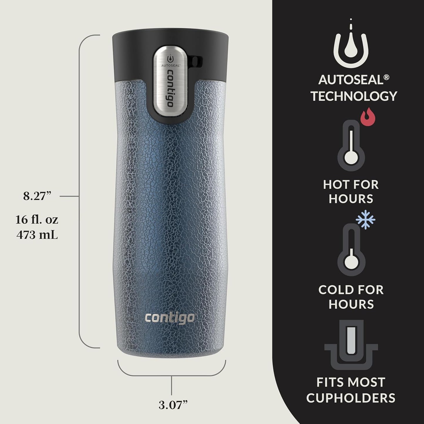 Contigo AUTOSEAL West Loop Vacuum-Insulated Stainless Steel Travel Mug with Easy-Clean Lid 12 oz Blueberry