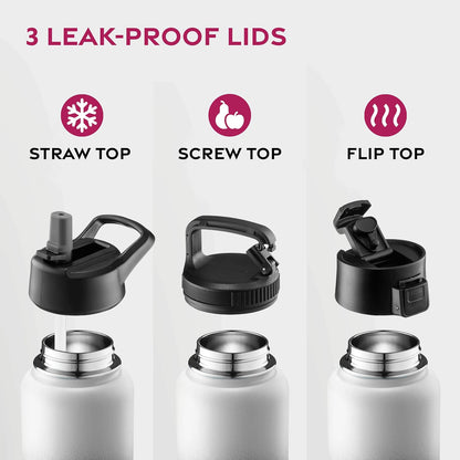 FineDine Water Bottle - Stainless Steel Insulated Water Bottle with Straw Lid, Flip Lid & Wide-Mouth Cap - Keeps Hot and Cold - 25 Oz / 739ml - Dreamy Purple