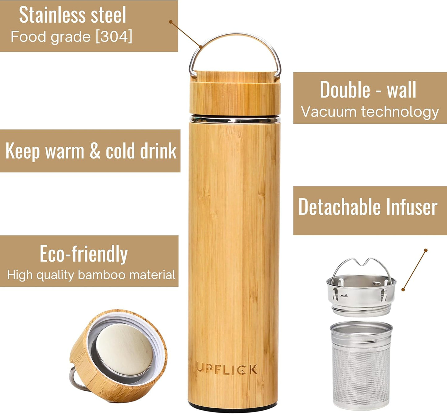 Bamboo Water Bottle Insulated Tea Tumbler for Men Birthday Gift, Women Travel Tea Set with Diffuser for Loose Tea Leaves, Stainless Steel Leak Proof Gift for Mom (15 oz)