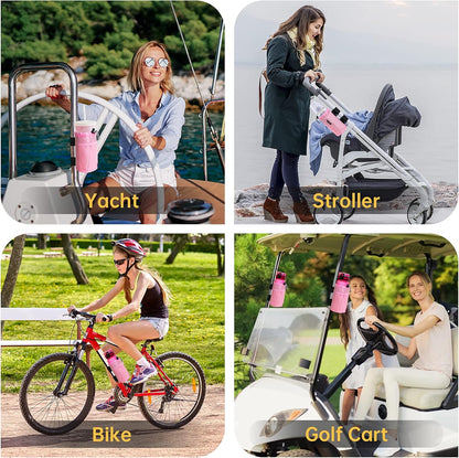 GEARV 2Pack Cup Holder for Bike, Scooter and Wheelchair, Water Bottle Holder for UTV/ATV, Walker, Golf Cart and Beach, Universal Drink Holder Accessories with Net Pocket and Cord Lock (Black)