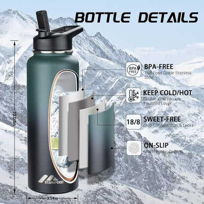 StarSpeed 32oz Insulated Water Bottle with Straw Lid, Stainless Steel Double Walled Vacuum Water Flask, Wide Mouth Sports Water Bottle for Gym Camping Hiking, Indigo Black