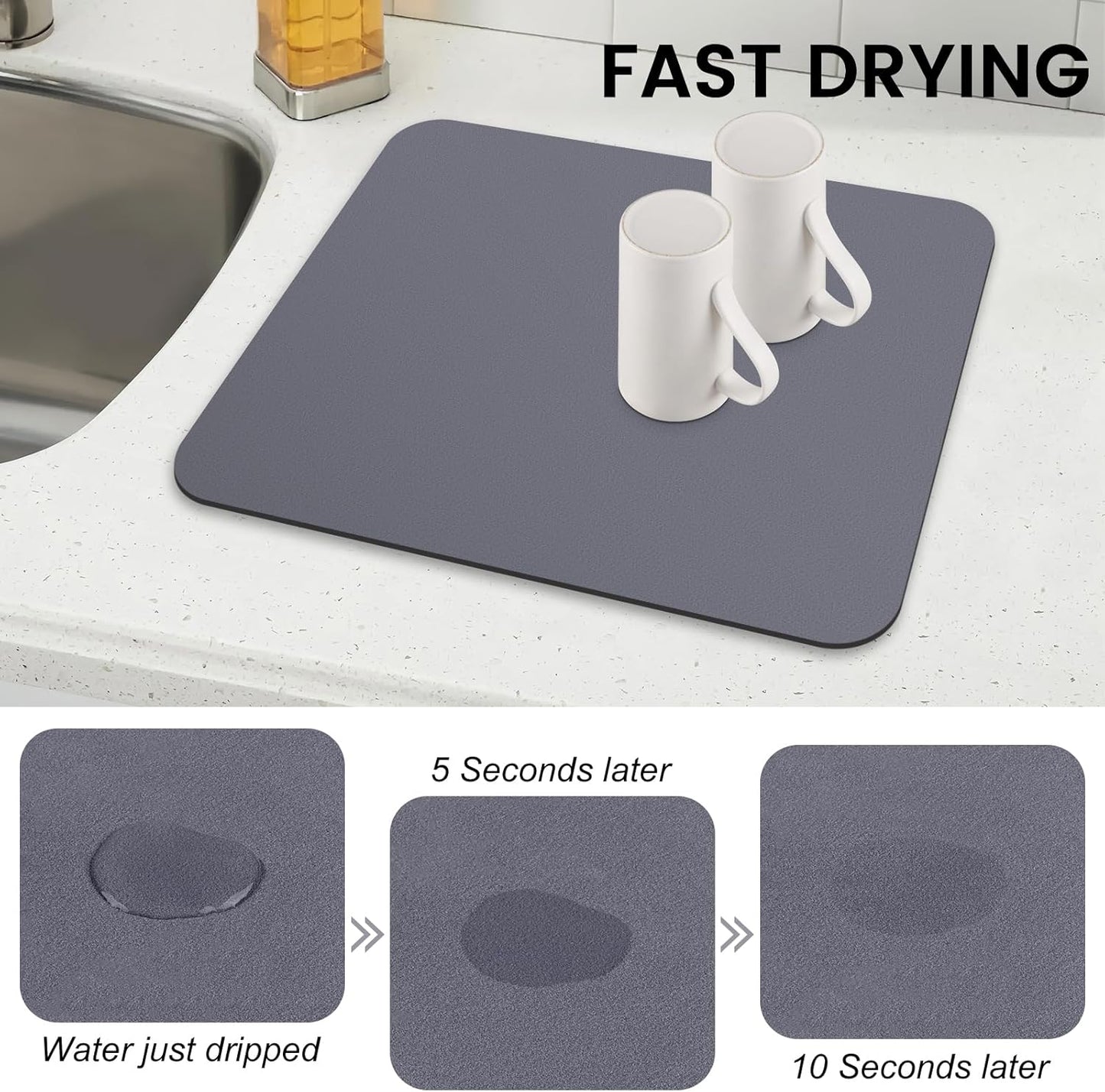 WISELIFE Dish Drying Mat Super Absorbent Drying Mat Large Dish Drying Mats for Kitchen Counter Easy Clean Dish Mat Kitchen Drying Mat15"x 18" Stylish Grey
